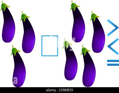 Jeu éducatif pour les enfants, comparaison du nombre d'aubergines. Illustration de Vecteur