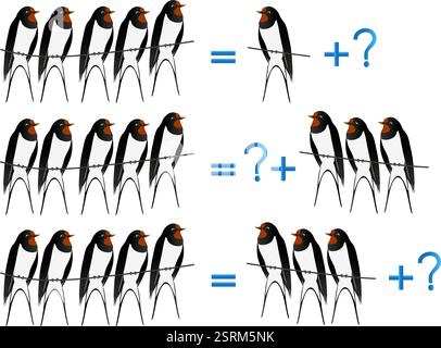 Jeux éducatifs pour les enfants, sur la composition des cinq, exemple avec des hirondelles. Illustration de Vecteur