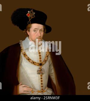 James VI et moi, James Charles Stuart, 1566 – 1625, roi d'Angleterre, d'Écosse et d'Irlande, édité numériquement d'après un tableau de John de Critz Banque D'Images