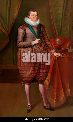James VI et moi, James Charles Stuart, 1566 – 1625, roi d'Angleterre, d'Écosse et d'Irlande, édité numériquement d'après un tableau de Paul van Somer Banque D'Images