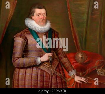 James VI et moi, James Charles Stuart, 1566 – 1625, roi d'Angleterre, d'Écosse et d'Irlande, édité numériquement d'après un tableau de Paul van Somer Banque D'Images