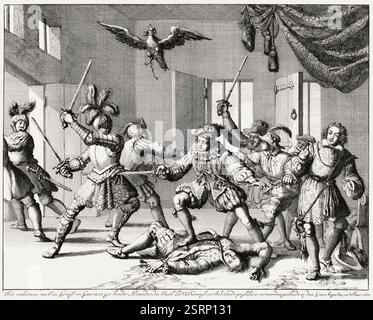 The Gowrie Conspiracy, James VI et moi, James Charles Stuart, 1566 – 1625, roi d'Angleterre, d'Écosse et d'Irlande, frontispice de la Bible du Roi James, 1611, édité numériquement Banque D'Images