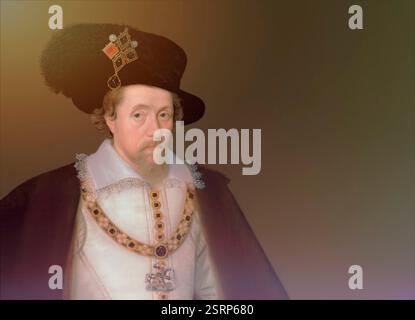 James VI et moi, James Charles Stuart, 1566 – 1625, roi d'Angleterre, d'Écosse et d'Irlande, édité numériquement d'après un tableau de John de Critz Banque D'Images