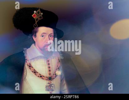 James VI et moi, James Charles Stuart, 1566 – 1625, roi d'Angleterre, d'Écosse et d'Irlande, édité numériquement d'après un tableau de John de Critz Banque D'Images