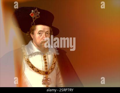 James VI et moi, James Charles Stuart, 1566 – 1625, roi d'Angleterre, d'Écosse et d'Irlande, édité numériquement d'après un tableau de John de Critz Banque D'Images