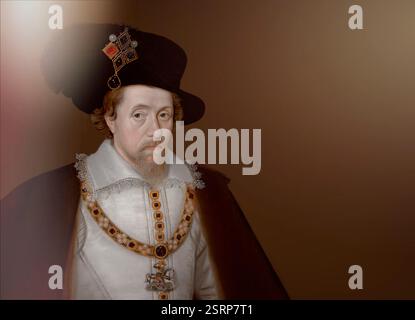 James VI et moi, James Charles Stuart, 1566 – 1625, roi d'Angleterre, d'Écosse et d'Irlande, édité numériquement d'après un tableau de John de Critz Banque D'Images