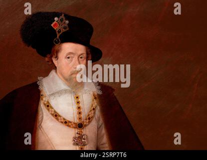 James VI et moi, James Charles Stuart, 1566 – 1625, roi d'Angleterre, d'Écosse et d'Irlande, édité numériquement d'après un tableau de John de Critz Banque D'Images