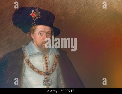 James VI et moi, James Charles Stuart, 1566 – 1625, roi d'Angleterre, d'Écosse et d'Irlande, édité numériquement d'après un tableau de John de Critz Banque D'Images