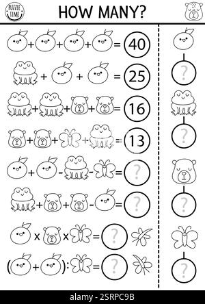 Combien de capybaras jeu, équation, rébus. Activité mathématique en noir et blanc Capibara pour les écoliers. Feuille de calcul de comptage imprimable en ligne, page de coloriage Illustration de Vecteur