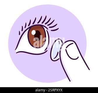 Mettre dans des lentilles de contact dessiné à la main icône doodle. Oeil brun et doigt tenant la lentille sur le cercle coloré. Dessin simple, illustration clip art vectorielle. Illustration de Vecteur