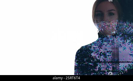 Silhouette artificielle. Technologie de renseignement. Double exposition colorée cristal liquide irisé glitch femme isolée sur fond blanc d'espace vide. Banque D'Images