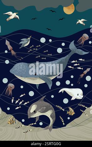 Murale de vie sous-marine pour les enfants avec des animaux marins. Vecteur. Illustration de Vecteur