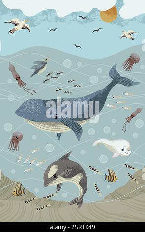 Murale de vie sous-marine pour les enfants avec des animaux marins. Vecteur. Illustration de Vecteur