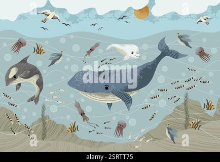 Murale de vie sous-marine pour les enfants avec des animaux marins. Vecteur. Illustration de Vecteur