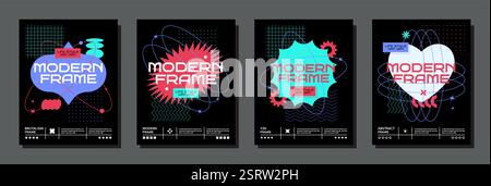 Graphiques Y2K. Figure 3d abstraite, fond noir de collage d'affiche brutale ou logo d'étiquette de pixel simple, cadre groovy. Affiche contemporaine minimale. Vertic Illustration de Vecteur