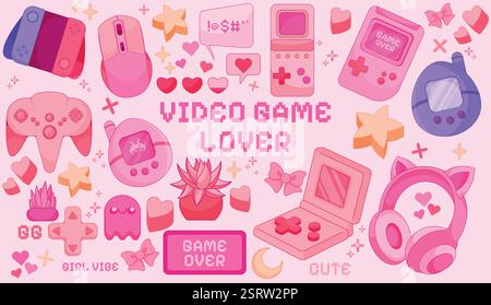Autocollants gamer. Mignon jeu de fille kawaii. Contrôleur de chat rose. Casque de jeu vidéo rétro. Microphone et souris d'ordinateur. Technologie arc-en-ciel. Console mais Illustration de Vecteur
