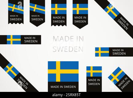 Fabriqué en Suède - étiquettes de bord noir avec drapeau suédois Illustration de Vecteur