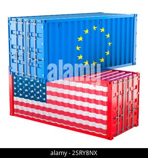 Conteneurs de fret sous pavillon des États-Unis et de l'UE. Rendu 3D isolé sur fond blanc Banque D'Images
