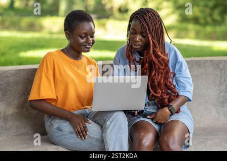 Souriantes afro-américaines en conférence téléphonique dans le parc, regarder des films ou se préparer aux examens Banque D'Images