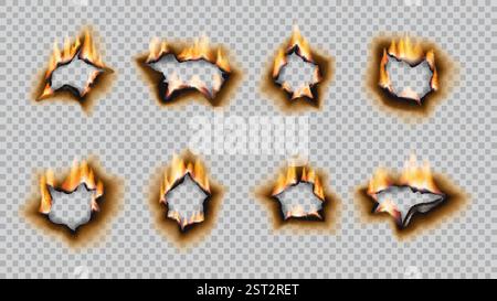 Trous de papier brûlé réalistes avec des flammes, mettant en valeur des bords carbonisés et des effets de feu vifs. espaces vectoriels 3d avec des languettes flamboyantes sur la feuille. Déchiré b Illustration de Vecteur