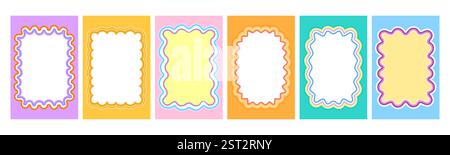 Cadres ondulés de couleur festonnée Y2K, bordures rétro groovy funky avec des bords courbes colorés dans les tons de violet, jaune, orange, rose et bleu. Ludique, Illustration de Vecteur
