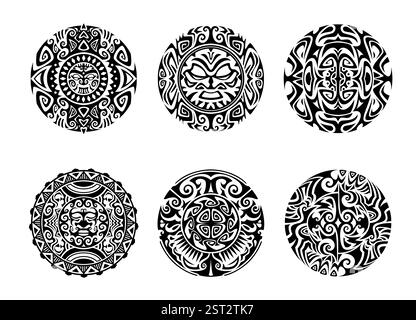 Tatouage tribal maori. Ensemble vectoriel de formes circulaires complexes, de motifs géométriques en noir et blanc, de visages de Dieu et de motifs mandala abstraits inspirés par Pol Illustration de Vecteur