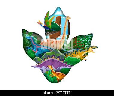 Empreinte de dinosaure coupé en papier avec des personnages drôles de dinosaure. Cadre vectoriel 3d isolé en forme de patte de dinosaure avec des talons remplis d'animaux préhistoriques Illustration de Vecteur