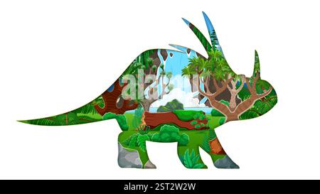 Silhouette de dinosaure coupé en papier avec paysage préhistorique à l'intérieur. Jurassic styracosaurus Dino animal vecteur 3d papier coupé silhouette avec jungle de bande dessinée Illustration de Vecteur