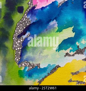 oeuvre originale d'aquarelle psychédélique lumineuse (série de 4 pièces) Banque D'Images