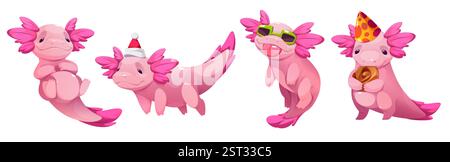 Ensemble de caractères mignons axolotl isolé sur fond blanc. Illustration vectorielle de dessin animé d'animaux de salamandre rose de style kawaii se relaxant, portant le chapeau de Père Noël, lunettes de soleil, manger le gâteau, mascotte de l'éducation Illustration de Vecteur