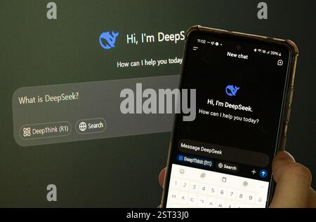 Séoul, Corée du Sud - 17 février 2025 :Un utilisateur utilisant DeepSeek sur un ordinateur et un smartphone, en posant la question 'qu'est-ce que DeepSeek?' Banque D'Images