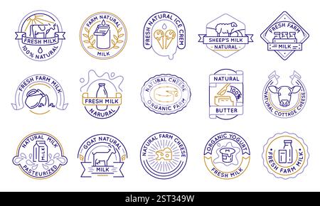 Ensemble de 15 icônes de logo de produits laitiers et agricoles Illustration de Vecteur