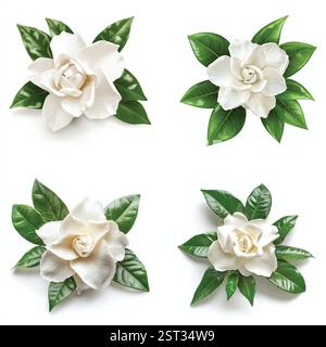 Quatre illustrations exquises et détaillées de fleurs de magnolia et de camélia de couleur crème avec des feuilles vertes luxuriantes. Illustration de Vecteur