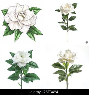 Quatre illustrations exquises et détaillées de fleurs de magnolia et de camélia de couleur crème avec des feuilles vertes luxuriantes. Illustration de Vecteur