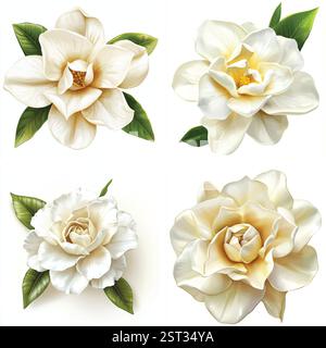 Quatre illustrations exquises et détaillées de fleurs de magnolia et de camélia de couleur crème avec des feuilles vertes luxuriantes. Illustration de Vecteur