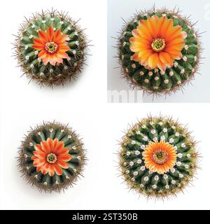 Quatre plantes de cactus en fleurs dans des pots noirs sur fond blanc Illustration de Vecteur