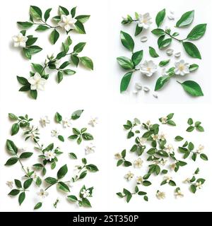 Quatre illustrations exquises et détaillées de fleurs de magnolia et de camélia de couleur crème avec des feuilles vertes luxuriantes. Illustration de Vecteur