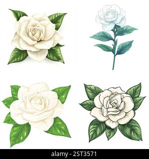 Quatre illustrations exquises et détaillées de fleurs de magnolia et de camélia de couleur crème avec des feuilles vertes luxuriantes. Illustration de Vecteur