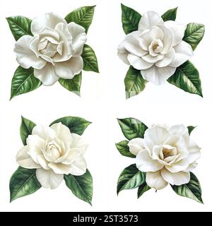 Quatre illustrations exquises et détaillées de fleurs de magnolia et de camélia de couleur crème avec des feuilles vertes luxuriantes. Illustration de Vecteur