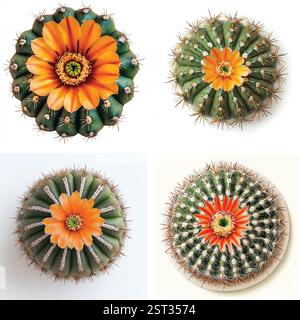 Quatre plantes de cactus en fleurs dans des pots noirs sur fond blanc Illustration de Vecteur