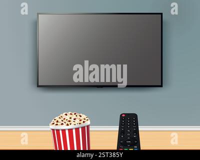 Pop-corn et télécommande devant l'écran du téléviseur. Regarder la télévision en ligne avec télécommande et boîte rayée pop-corn. Illustration vectorielle. Illustration de Vecteur
