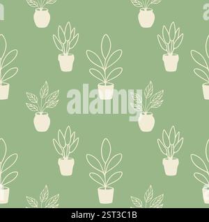 Intérieur confortable avec des pots de fleurs et des fleurs d'intérieur en pot sur fond vert pastel doux. Illustration vectorielle Illustration de Vecteur