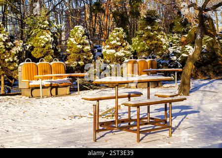 Tables et bancs recouverts de neige sur la terrasse d'hiver d'un café. Conifères en arrière-plan. Banque D'Images