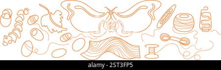 chenille vers à soie et soie, cocon, papillon, bobine de fil et tissu collection. Matériaux pour machine à coudre. Navette de tissage thaïlandais. Vect. Ligne Illustration de Vecteur