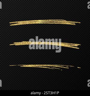 Confettis brillants abstraits scintillants vagues. Ensemble de trois traits dorés de pinceau dessinés à la main sur fond transparent noir. Illustration vectorielle Illustration de Vecteur