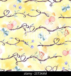Branches d'arbre, cœurs de la nature et doux éléments floraux aquarelle sans couture motif isolé. Brindilles ondulées, vigne sur fond répété avec p bleu doux Banque D'Images