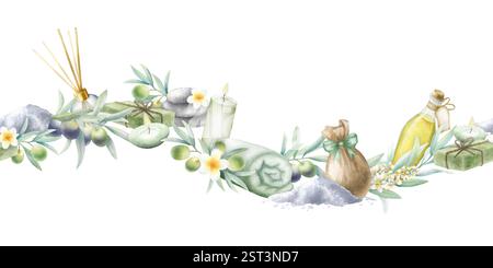 Huile d'olive, savon alep, diffuseur d'arôme, sel de mer, serviette enroulée, bougies, cailloux empilés, fleurs de frangipanier et branches d'olivier. Bordure sans couture isolée de l'aquarelle dessinée à la main pour la conception du salon de spa. Banque D'Images