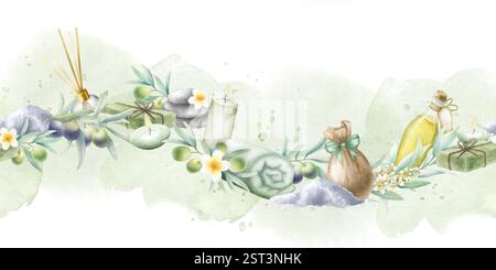 Huile d'olive, savon alep, diffuseur d'arôme, sel de mer, serviette enroulée, bougies, cailloux empilés, fleurs de frangipanier et branches d'olivier. Aquarelle dessinée à la main bordure sans couture isolée sur fond vert. Banque D'Images