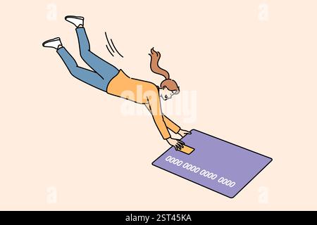 Femme utilise la carte de crédit bancaire pour le paiement sans contact dans la boutique en ligne et les achats sur Internet. Girl vole pour la carte de crédit géante pour simplifier les paiements partout dans le monde et gagner la liberté financière. Illustration de Vecteur