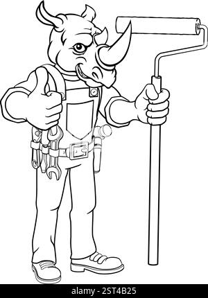 Rhino Painter Decorator Paint Roller Mascot Homme Illustration de Vecteur